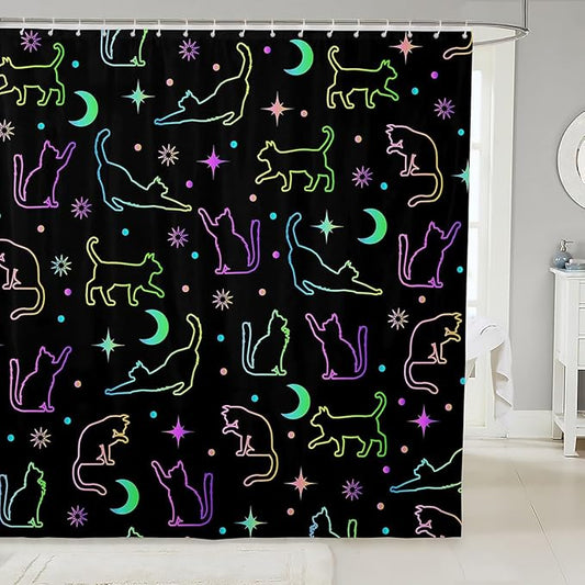 Cute Cats Silhouettes Kids Shower Curtains,Sun Moon Starry Sky Outer Space Bathroom Curtains for Girls Boys,Cartoon Pets Animals Colorful Bright Waterproof Curtains,12 Hooks Suits,72"W x 84"L