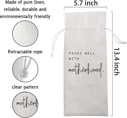 Pairs Well with Motherhood Wine Bag New Mom Gift New Baby Gift Mommy Gifts Mom Wine Bag Mother's Day Gift Drawstring Wine Bag