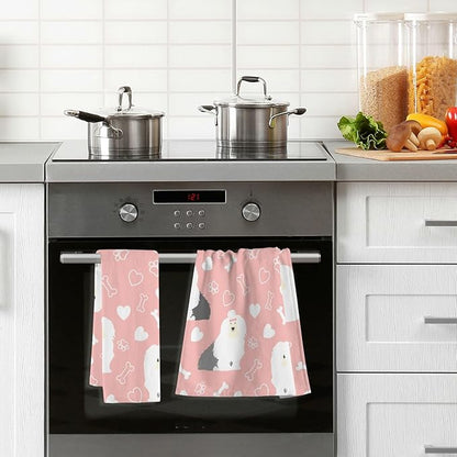 Pink Old English Sheepdog Bath Hand Towel Soft Cotton Highly Absorbent Fingertip Towels for Bathroom Beach Kitchen Sports Gym Yoga Travel (2-Pieces Towel Sets, 28x16 inch)