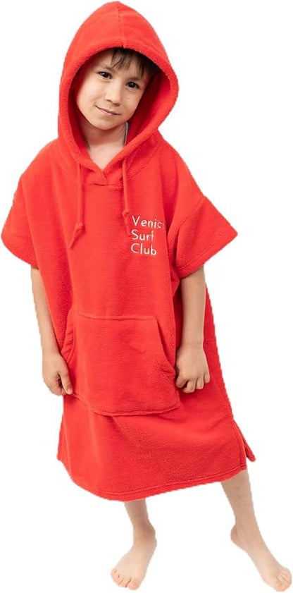 Cotton/Microfiber Kids Surf Poncho, Wetsuit Changing Towel Bath Robe with Hood and Pocket for Ages 3-7 and 8-12 (Coral Red, 8-12 Years)