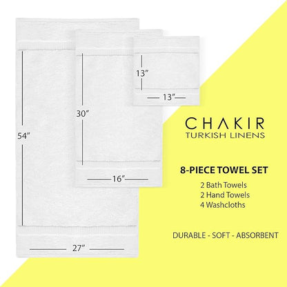 Chakir Turkish Linens | Hotel & Spa Quality 100% Cotton Premium Turkish Towels | Soft & Absorbent (8-Piece Towel Sets, White)