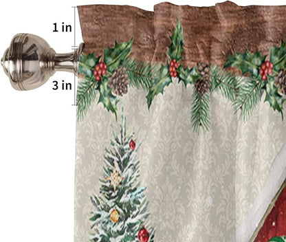 Christmas Farmhouse Kitchen Curtains and Valances Set, Red Truck Gnomes Window Treatments Tiers Winter Holiday Snowman Half/Short Curtains for Small Windows Cafe /Living Room/ Bedroom 54x 36 in