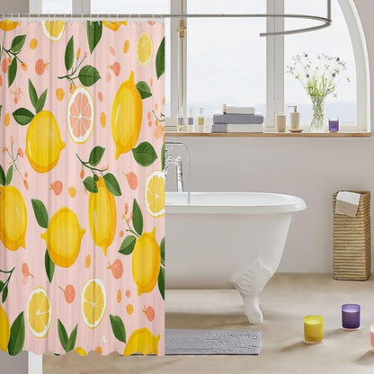 Feelyou Lemon Shower Curtain Kids Cartoon Lemon Fabric Shower Curtain Citrus Bathroom Waterproof Accessories with 12 Hooks for Women Men Yellow Pink Curtains,72x84 Inches