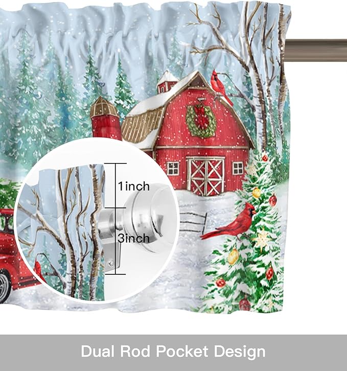 Red Truck Christmas Valance Curtains for Kitchen Windows Merry Christmas Farmhouse Rod Pocket Window Treatment Toppers for Kitchen/Living Room/Bedroom/Bathroom, 42" X 12", Winter Xmas Tree