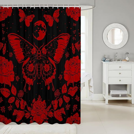 Feelyou Red Butterfly Fabric Shower Curtain Cover Botanical Floral Shower Curtain for Kids Boys Girls Butterflies Bathroom Waterproof Accessories with 12 Hooks Flying Curtains,72x72 Inches
