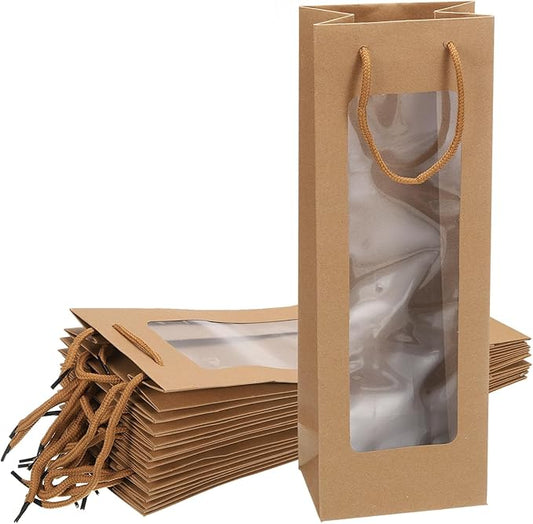 uxcell Wine Bags, 12pcs 4.92"x3.35"x14.2" Wine Gift Bags with Rope Handles, Paper Wine Tote Bag with Clear Window for Wedding Birthday Christmas Party Supplies, Wood