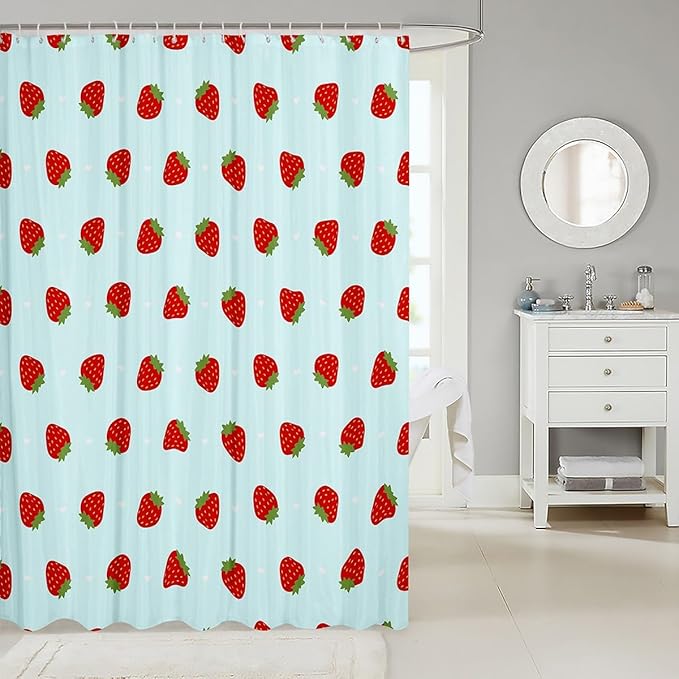 Feelyou Strawberry Fabric Shower Curtain Teal Blue Kawaii Girly Shower Curtain for Kids Boys Girls Kawaii Strawberry Bathroom Waterproof Accessories with 12 Hooks Kawaii Lovely Curtains,72x84 Inches