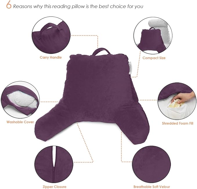 Nestl Reading Pillow Standard Bed Pillow, Back Pillow for Sitting in Bed Shredded Memory Foam Chair Pillow, Reading & Bed Rest Pillows Purple Back Pillow for Bed, Bed Chair Arm Pillow with Pockets