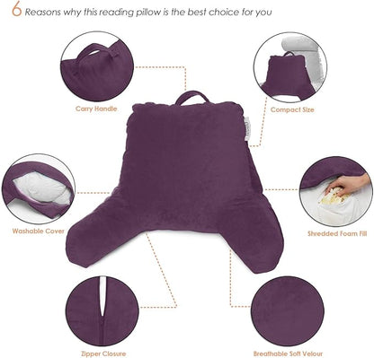 Nestl Reading Pillow Standard Bed Pillow, Back Pillow for Sitting in Bed Shredded Memory Foam Chair Pillow, Reading & Bed Rest Pillows Purple Back Pillow for Bed, Bed Chair Arm Pillow with Pockets
