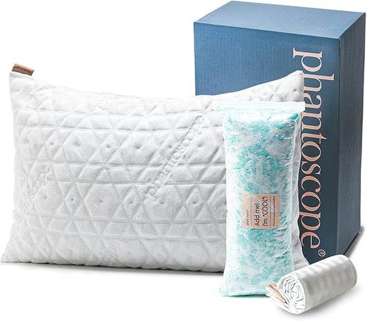 Phantoscope Memory Foam Pillow for Sleeping, Shredded Memory Foam Pillow Cooling Gel for Hot Sleepers, Adjustable Firm Bed Pillows with Bamboo Cover & Cotton Cover, Queen Size, 1 Pack, Gift Package