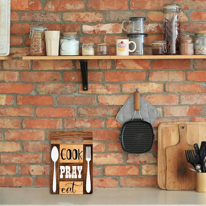Farmhouse Kitchen Decor, Kitchen Signs Wall Decor, Wall Decor for Kitchen, Kitchen Decorations, Kitchen Door Wall Hanging Decor, Cook Pray Eat Wood Sign 8 x 12 Inch