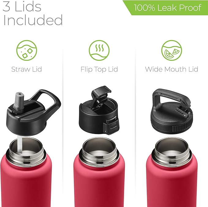 SipX™ Triple-Insulated Stainless Steel Water Bottle 32oz. With 3 Lids, BPA-Free Reusable Insulated Water Bottle Keeps Cold 24 Hours, Metal Water Bottle Made Of Sustainable Material For Hiking & Biking