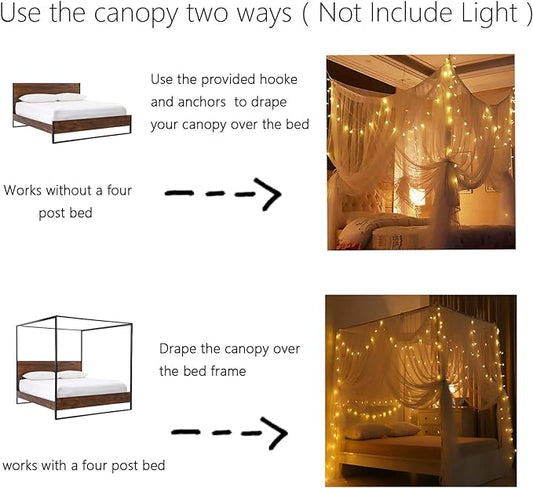 Comtelek Mosquito NET for Bed Canopy, Four Corner Post Curtains Bed Canopy Elegant Mosquito Net Set, Stick Hook &Profession Rope for net, Screen Netting Canopy Curtains, Full/Queen/King/White