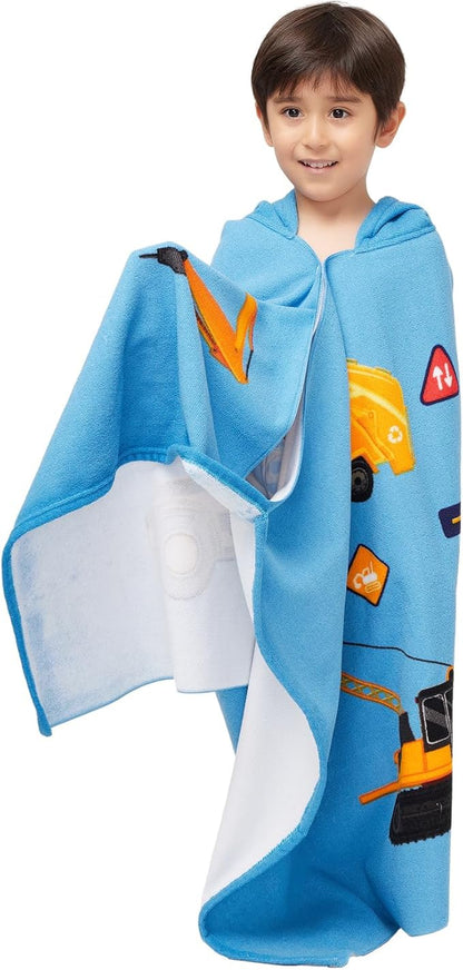 Hooded Towel for Toddlers 5-12 Years Boys Girls Kids Bath Pool Beach Towel Wrap Extra Large Soft Absorbent Beach Poncho(Construction site XL)