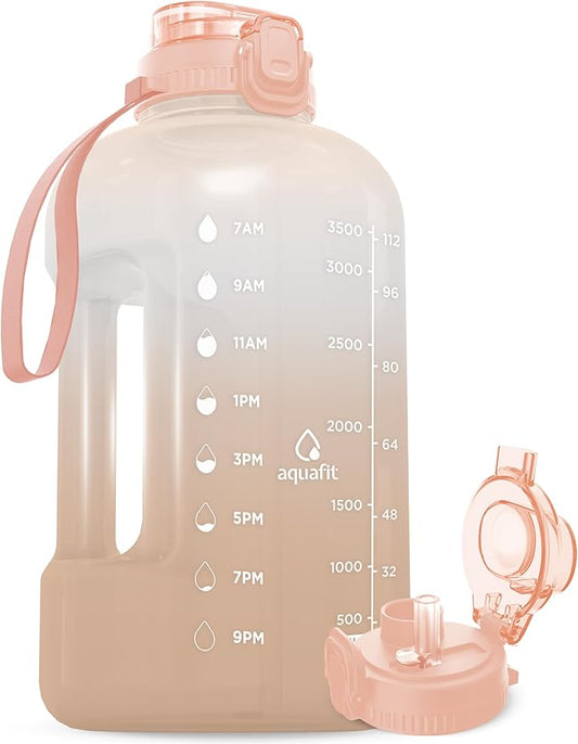 AQUAFIT 1 Gallon Water Bottle with Time Marker - BPA Free 128 oz Water Bottle with Straw, Gym Water Bottle with Handle, 1 Gallon Water Jug, Big Water Bottle, Large Water Bottle (Blush)