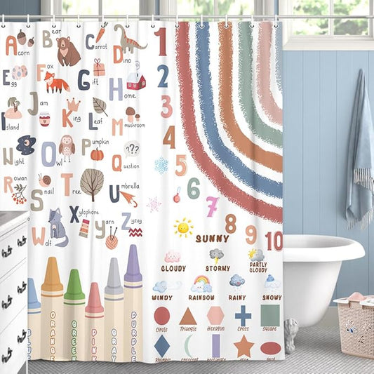 Kids Alphabet Shower Curtain, Funny Cartoon Animal ABC Learning Bath Curtain 47 x 72 Inch, Educational Boys Girls Children Bathroom Curatin Decoration Waterproof with Hooks Washable