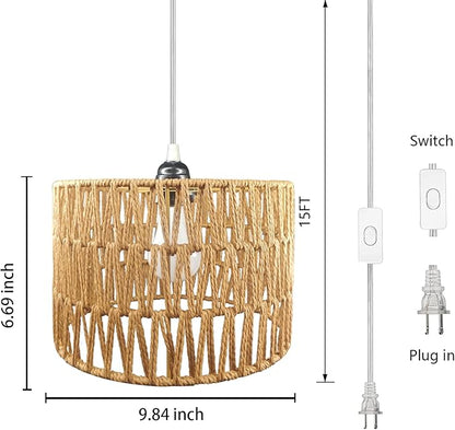 Hanging Lamp Plug in Rattan Hanging Lights with Plug in Cord, Woven Pendant Light with Smart RGB Bulb and Remote Control for Bedroom Living Room Farmhouse Kitchen (‎‎Rattan, Barrel Shade)