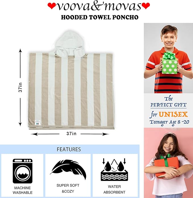 VOOVA & MOVAS Big Kids Hooded Towel Robe | Large (8-16Years) Thick and Absorbent Cotton Poncho for Pool, Swim, and Bath - Beige and White Cabana