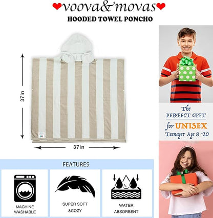 VOOVA & MOVAS Big Kids Hooded Towel Robe | Large (8-16Years) Thick and Absorbent Cotton Poncho for Pool, Swim, and Bath - Beige and White Cabana