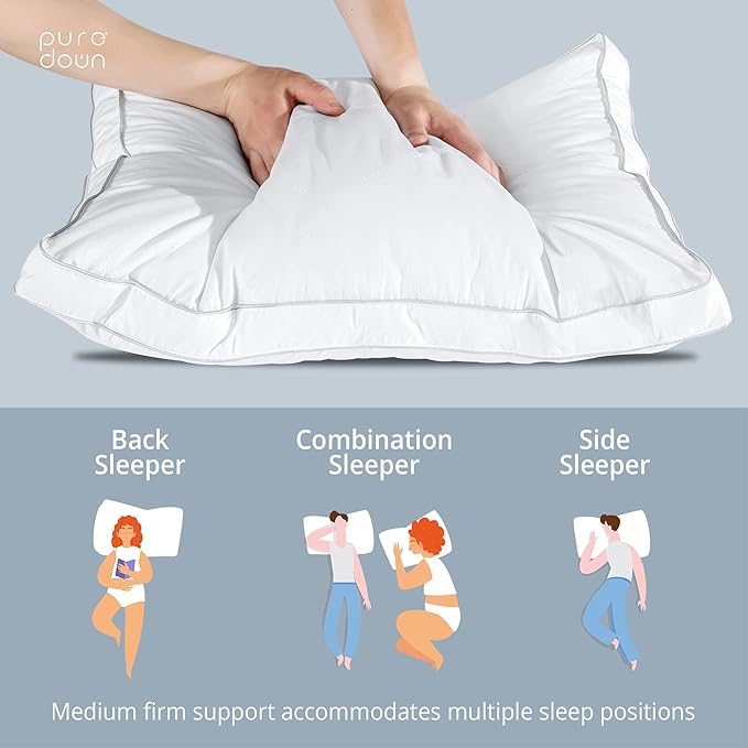 puredown®Goose Feathers Down and Fiber Pillows - Made in USA Soft Fluffy Medium Firm Hotel Pillow, 100% Cotton Cover, Luxury Bed Pillows King Size Set of 2 for Back, Stomach or Side Sleeper.