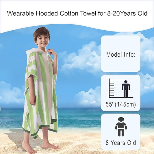 VOOVA & MOVAS Big Kids Hooded Towel Poncho | Large, Thick, Absorbent Cotton Towel Robe | 8-16Years | Versatile for Pool, Swim, and Bathroom | Sage and White Cabana Stripe