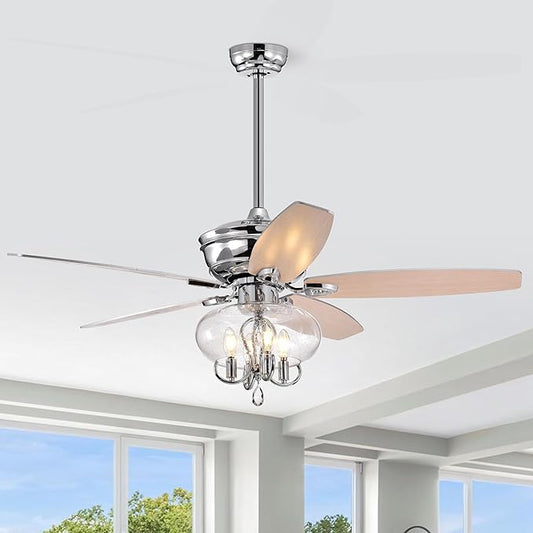 NicBex Ceiling Fan 52 Inch Classic Crystal Ceiling Fan with Lights Ceiling Fans with 5 Blades and Remote Control Ceiling Fan with Lamp Shade for Bedroom, Living Room, Silver