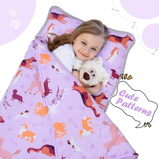 UOMNY Toddler Nap Mat Girls Kids Nap Mats with Removable Pillow and Blanket,Dogs Toddler Sleeping Bag for Preschool Daycare Pink for Dog Lovers 53x21 Inch