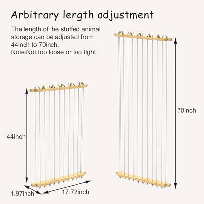 Stuffed Animal Storage Wood Plush Toys Holder with Hooks, Length Adjustable Hanging Stuffed Animal Toy Organizer Shelf for Nursery Kid Room Play Room Bedroom