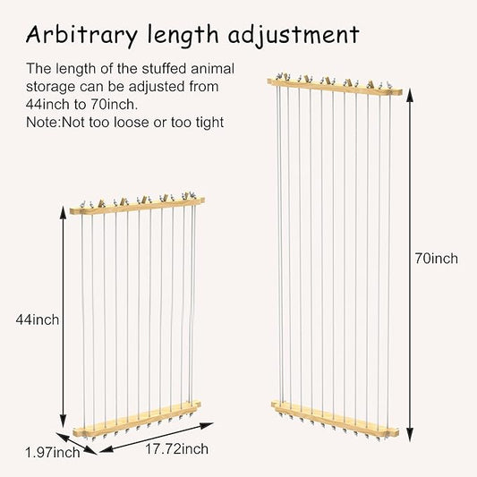 Stuffed Animal Storage Wood Plush Toys Holder with Hooks, Length Adjustable Hanging Stuffed Animal Toy Organizer Shelf for Nursery Kid Room Play Room Bedroom