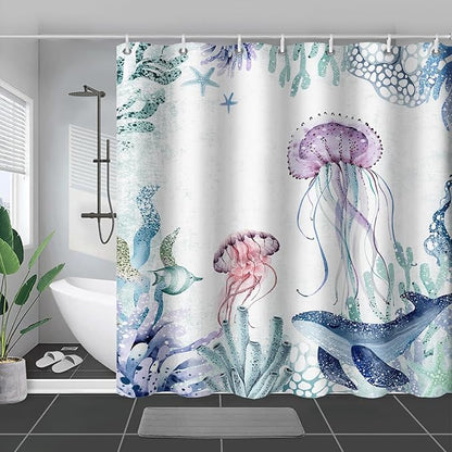 AILONEN Cartoon Jellyfish Shower Curtain for Bathroom Teal Blue Ocean Beach Coastal Bath Curtain Decor 60" W*72" H Polyester Fabric Waterproof Bathroom Curtain with 12 Hooks