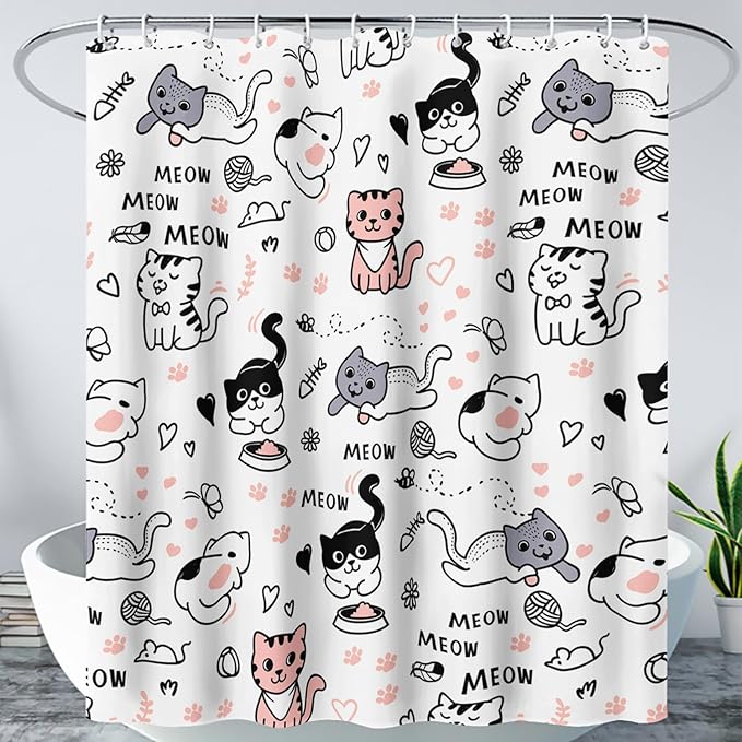 AILONEN Cat Shower Curtain, Cute Cat Cartoon Pet Cat Kitten Bathroom Curtain,Cat Paw Print Cat Lover Bath Curtain 72" W*72" H Polyester Waterproof Bathroom Curtain with 12 Hooks