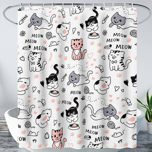 AILONEN Cat Shower Curtain, Cute Cat Cartoon Pet Cat Kitten Bathroom Curtain,Cat Paw Print Cat Lover Bath Curtain 36" W*72" H Polyester Waterproof Bathroom Curtain with 12 Hooks