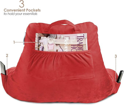 Nestl Reading Pillow Standard Bed Pillow, Back Pillow for Sitting in Bed Shredded Memory Foam Chair Pillow, Reading & Bed Rest Pillows Cherry Red Back Pillow for Bed, Bed Chair Arm Pillow with Pockets