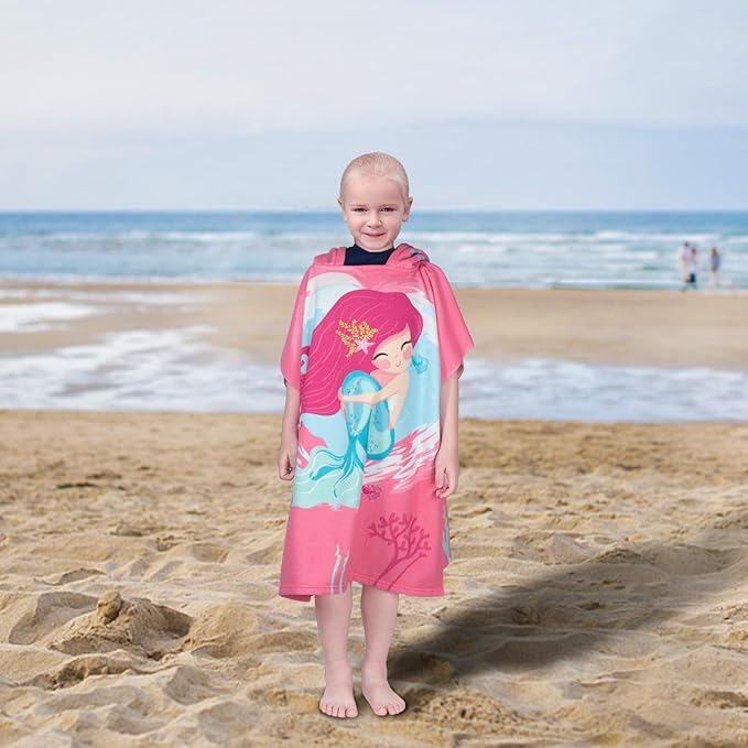 Hooded Kids Beach Towels - Toddler Bath Towel Girls Boys Swim Cover-ups for Ages 4 to 10 Kids Pool Towels Quick Dry Lightweight Soft Microfiber Poncho 30x30 with Bag (Mermaid Smile)