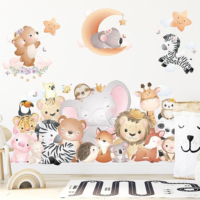 Cartoon Animal Wall Stickers Animal World Elephant Lion Zebra Tiger Giraffe Wall Decals for Kids Baby Nursery Playroom Bedroom Classroom Kindergarten Wall Decor