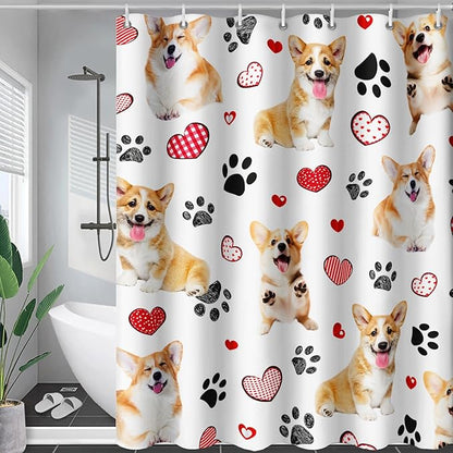 AILONEN Puppy Dog Shower Curtain for Bathroom,Cute Corgi Waterproof Bath Curtain,Pet Dog Kids Girls Dog Lover Curtain with 12 Plastic Hooks(36" W*72" H)
