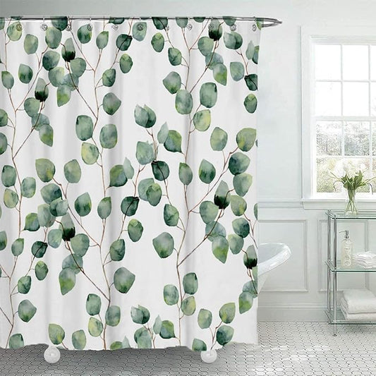 Shower Curtain Watercolor Green Floral Leaf for Bathroom Decor, 70.8" x 78.7" Waterproof Polyester Fabric Plant Shower Curtain Art Bath Curtain with 12 Hooks