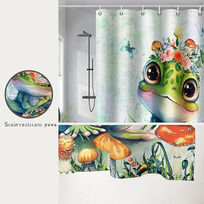 AILONEN Cute Frog Shower Curtain Cartoon Animal Wildlife Frog Cartoon Mushroom Minimalist Modern Art Retro Green Shower Curtain Bathroom Decor Curtains with 12 Hooks 72" W*96" H
