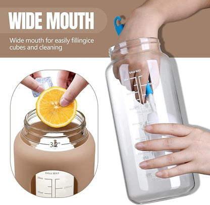 MUKOKO 64oz Glass Water Bottles with Straw, Half Gallon Water Bottle with Time Marker, Motivational Water Bottle with Silicone Sleeves,Large Glass Water Bottle for Gym,Working,Outdoor,Amber