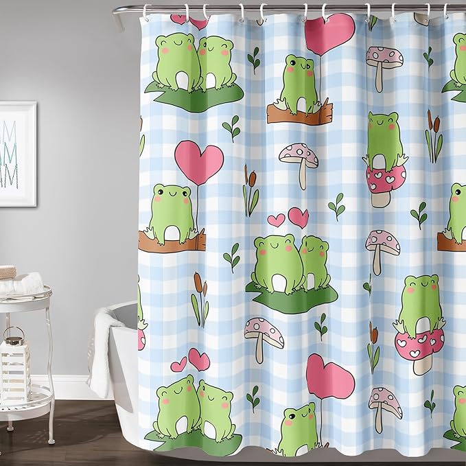 AILONEN Kawaii Frog Shower Curtain,Cute Cartoon Mushroom Frog Bath Curtain,Romantic Frog Couple Hearts Printed Waterproof Blue Stripe Curtain, 72" W x 84" H