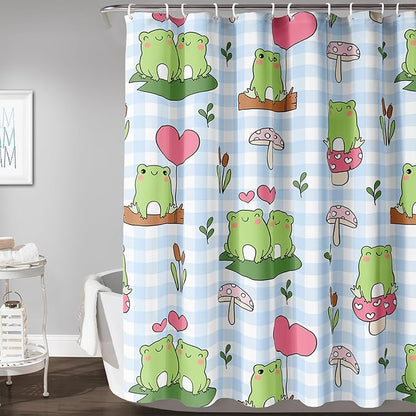 AILONEN Kawaii Frog Shower Curtain,Cute Cartoon Mushroom Frog Bath Curtain,Romantic Frog Couple Hearts Printed Waterproof Blue Stripe Curtain, 72" W x 84" H