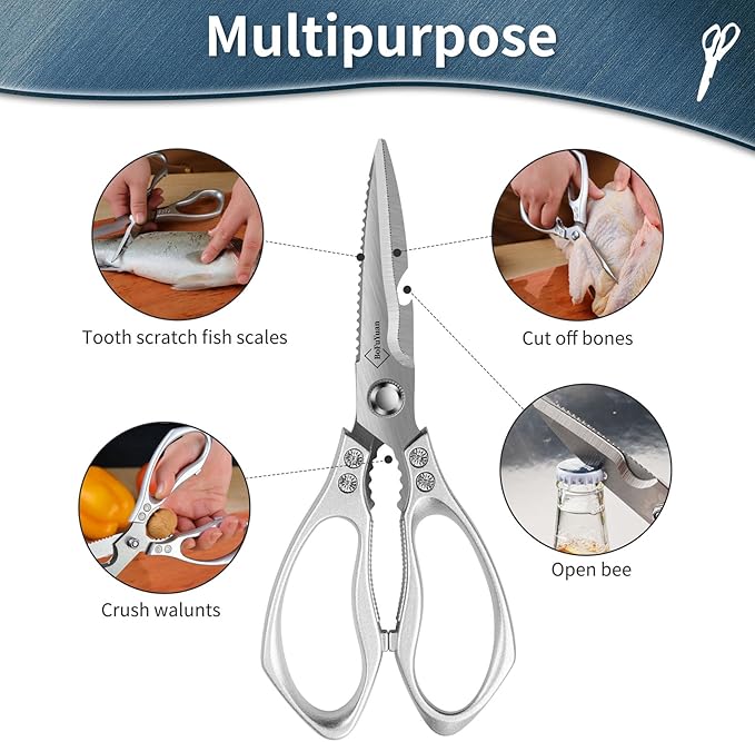 Kitchen Shears for Food Heavy-Duty: Multipurpose Kitchen Shears for Cutting Chicken, Bone, Meat, Food, (9'' Silver)