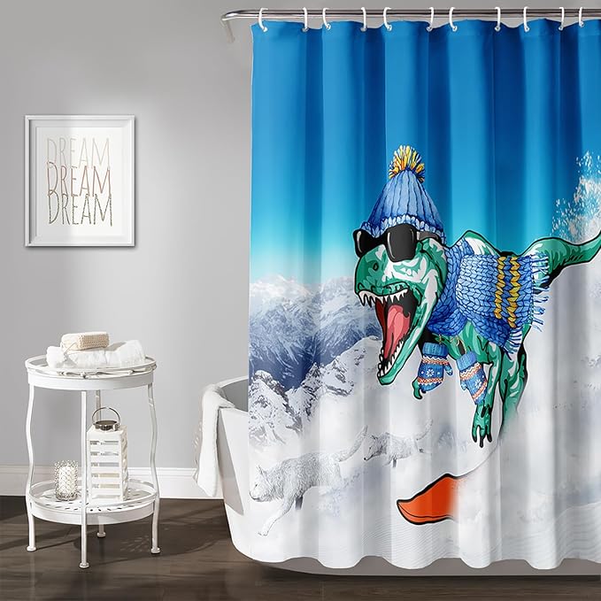 AILONEN Dinosaur Shower Curtain for Boys,Snow Wolf Shower Curtain, 72" W*96" H Waterproof Dino and Wolf Animals Themed Decor Bathroom with Grommets and Hooks