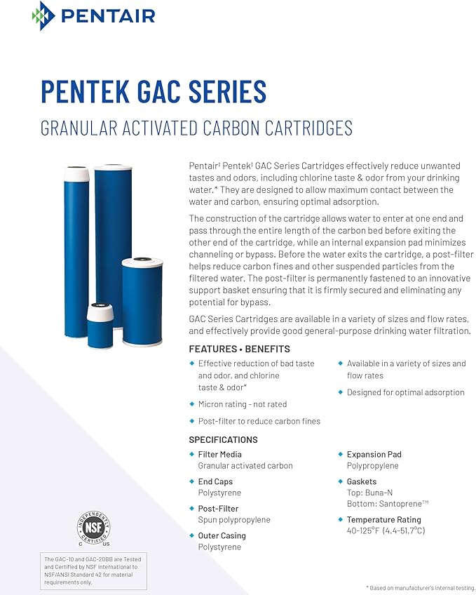 Pentair Pentek GAC-BB Big Blue Carbon Water Filter, 10-Inch, Whole House Heavy Duty Granular Activated Carbon (GAC) Replacement Cartridge, 10" x 4.5", Pack of 2