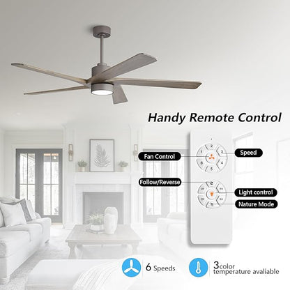 WINGBO 72 Inch DC Ceiling Fan with Lights and 3 Downrods, 5 Reversible Carved Wood Blades, 6-Speed Noiseless DC Motor, Large Ceiling Fan in Graphite Finish with Gray Blades, ETL Listed