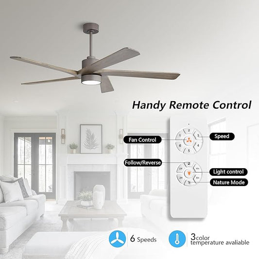 WINGBO 72 Inch DC Ceiling Fan with Lights and 3 Downrods, 5 Reversible Carved Wood Blades, 6-Speed Noiseless DC Motor, Large Ceiling Fan in Graphite Finish with Gray Blades, ETL Listed