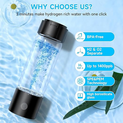 Hydrogen Water Bottle 2024, Portable Hydrogen Water Bottle Generator with SPE PEM Technology Water Ionizer, Ion Water Bottle Improve Water Quality in 3 Minutes, for Home, Office, Daily Drinking