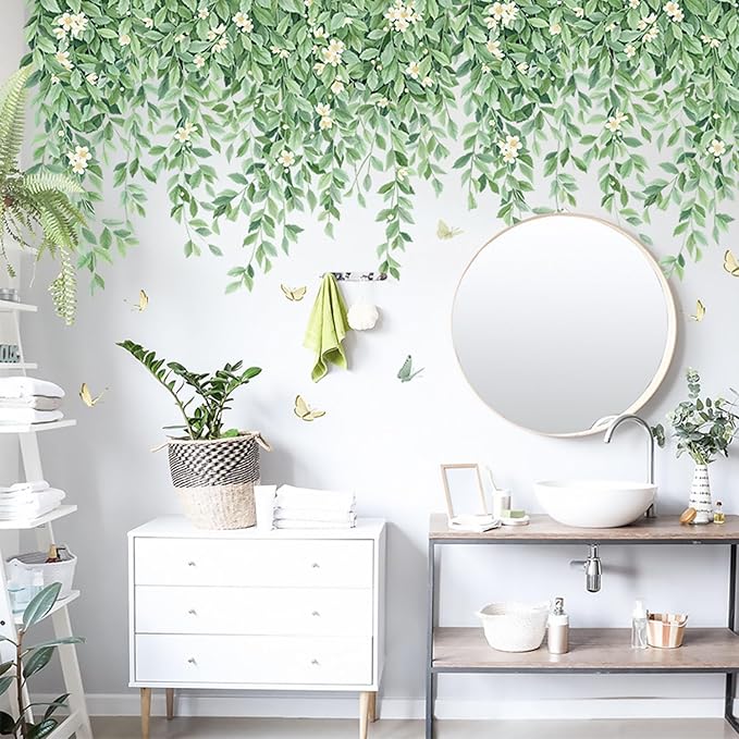 Green Plant Wall Stickers Hanging Vines Wall Decals Leaves Flower Wall Stickers Bedroom Living Room Sofa TV Background Wall Decor