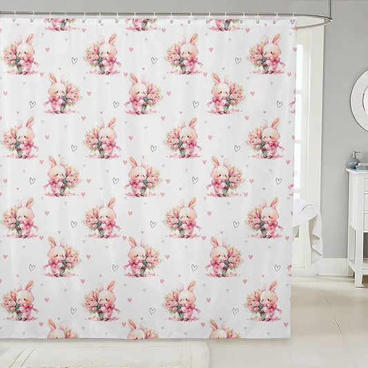 Cute Rabbits Kids Shower Curtains,Tulip Flowers Love Heart Romantic Bathroom Curtains for Girls Boys,Happy Easter Cartoon Animals Pink Kawaii Waterproof Curtains,12 Hooks Suits,72" W x 72" L