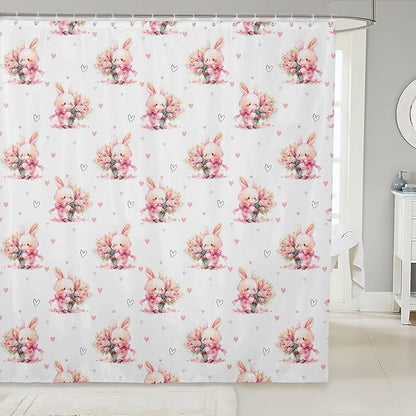 Cute Rabbits Kids Shower Curtains,Tulip Flowers Love Heart Romantic Bathroom Curtains for Girls Boys,Happy Easter Cartoon Animals Pink Kawaii Waterproof Curtains,12 Hooks Suits,72" W x 78" L
